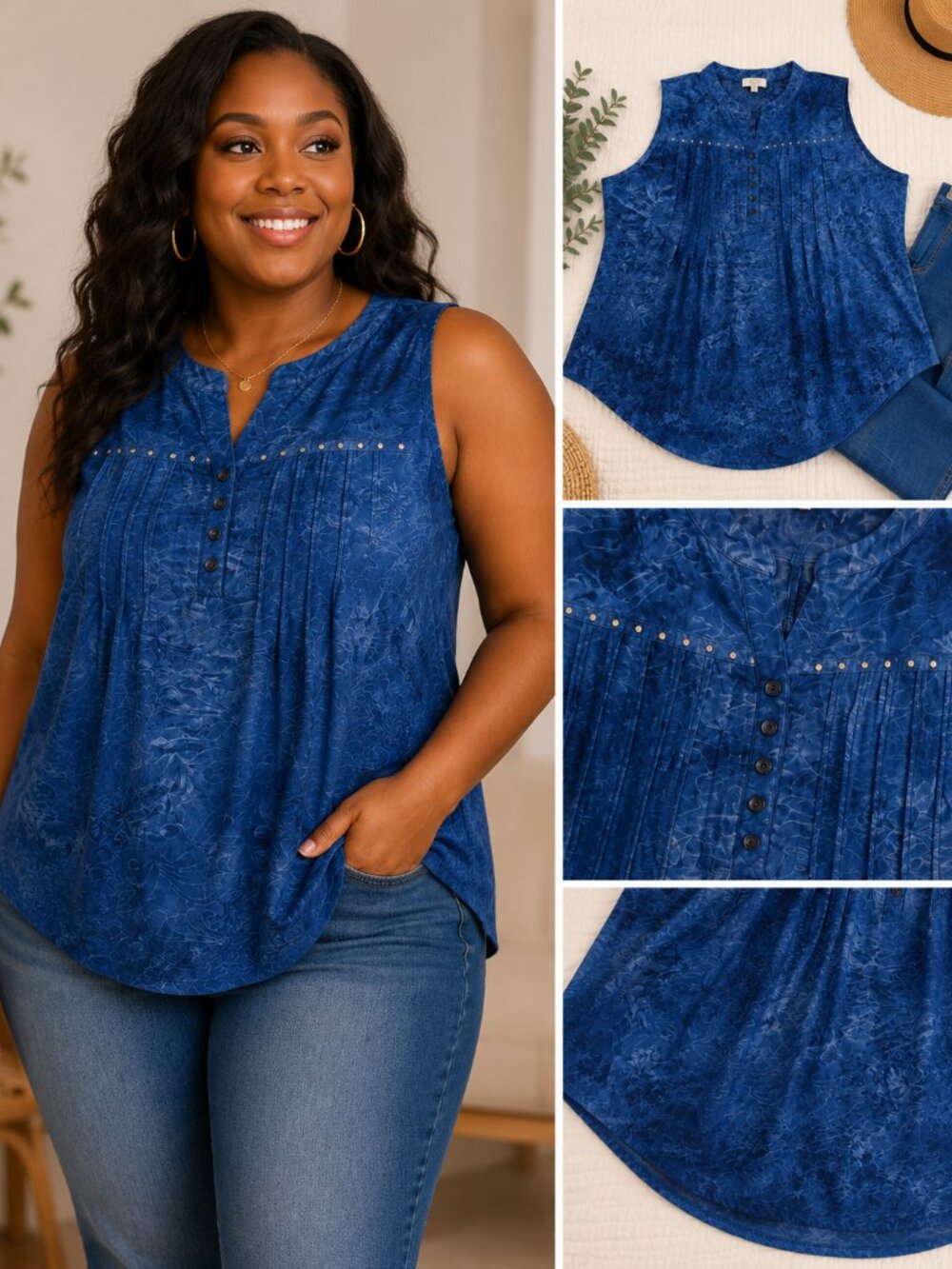 Shannon Ford New York Sleeveless Stud-Accent Blue Women's Top | 3XL | Boho Chic